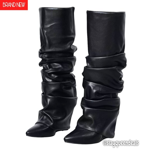 Knee High Wedge Heel Boots Patent Leather Fold Over Slouched Wide Calf